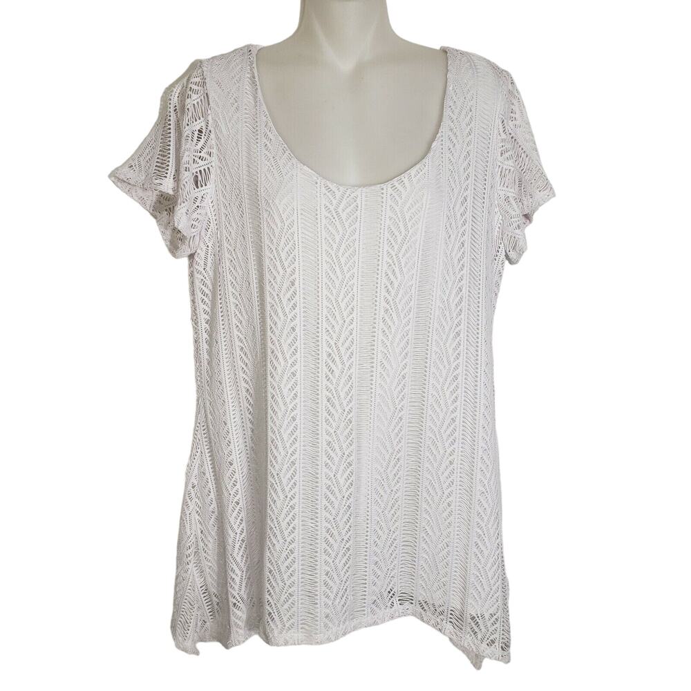 Notations Women’s Top Medium White Lace Overlay Short Sleeve Lined Asymmetrical